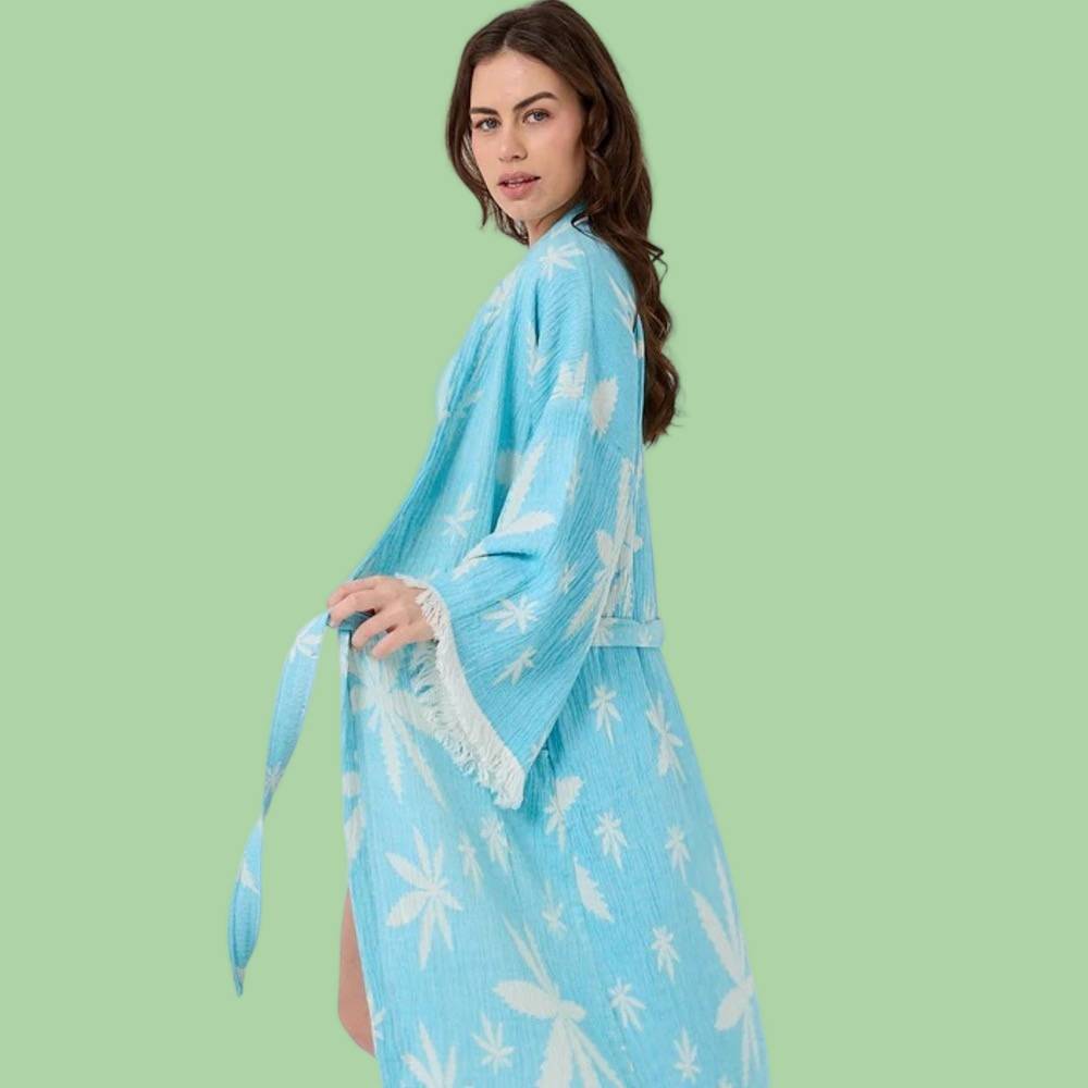 Neon Coast Woven Robe Aqua Jacquard Cotton Fringe Belted Duster Pockets NEW